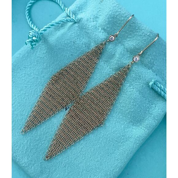 Tiffany & Co. 18k Gold Peretti Diamond Drop Dangle Mesh Scarf Hook Earrings 3” - Picture 5 of 10